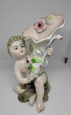 Vintage Ucagco Porcelain 5.5  Vase Cherub Boy Hand Painted Gold Leafing Figurine • $22