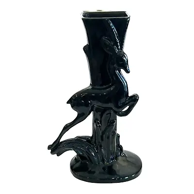 Royal Haeger R706 Leaping Gazelle Antelope Tall Vase Black Glaze MCM USA 15  • $61.59