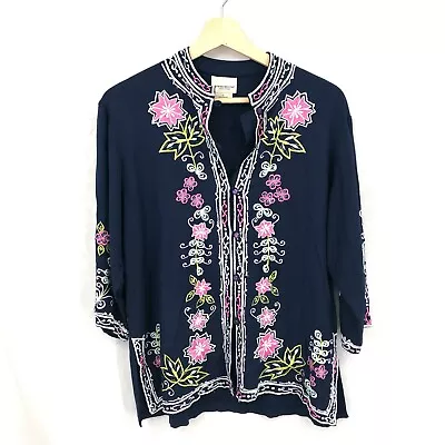 The Vermont Country Store Button Up 3/4 Sleeve Embroidered Top Rayon Blue Boho L • $18.75