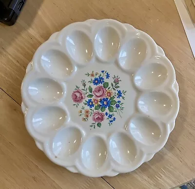 Vintage White Ceramic Pink Flowered Deviled Egg Plate E&R American Artwork • $7.95