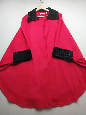 Vintage Amanda Smith Poncho One Size Fits Most Red Black Trim Fleece Cape Coat • $31.99