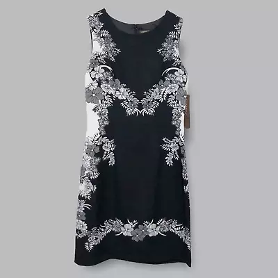 Voir Voir Sleeveless Midi Sheath Dress Size 6 Black Floral Stretch Tropical Leaf • $13.95
