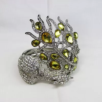 Vtg Bird Of Paradise Silver Tone Sparkling Peacock Hinged Cuff Bracelet Fashion • $37.75