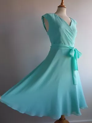 ARIELLA Green Chiffon 50s Style Full Skirt Dress With Waist Tie Size 14 • £19.99