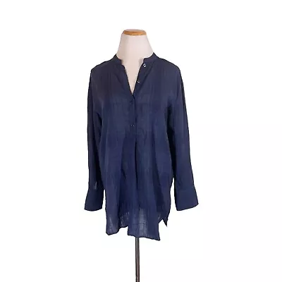 Vince Size XS Navy Blue Shirred Back Band Collar Tunic Gauzy Textured • $16.19