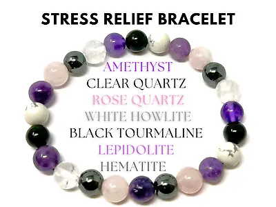 Stress Relief Bracelet: 8 Mm Crystal Beads (Amethyst Rose Quartz Lepidolite) • $11.95