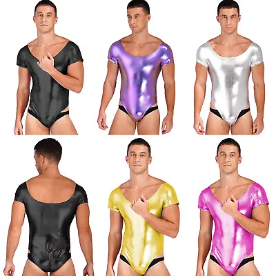 Mens Shiny Metallic Bodysuit Dancewear High Cut Thong Leotard Swimsuit Clubwear • $10.41