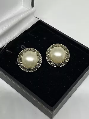 Vintage Clip On Earrings Marcasite Faux Pearl Round Classic Occasion Pyrite • £8