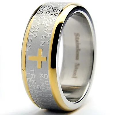 Men's Lord's Prayer Ring Christian Cross Stainless Steel 8MM Goldtone Size 7-12 • $11.99