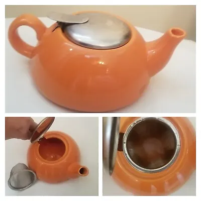 ORANGE ENAMELED TEAPOT For One With METAL FILTER- Hinged Metal Top- Great Shape  • $10