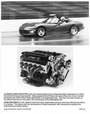 1991 Dodge Viper Prototype And V-10 Engine Indy 500 Pace Car Press Photo 0045 • $13.67