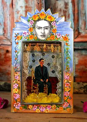 Tin Retablo Frida Kahlo Handmade Hand Painted Glass Door Opens Mexican Folk Art • $49