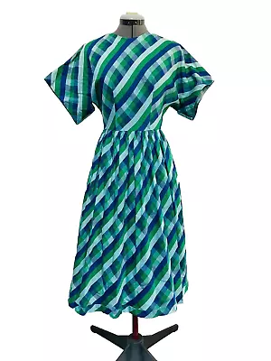 Vintage 1960's 60's Blue Green Stripe Check Plaid Midi Dress S VGUC • $44.99