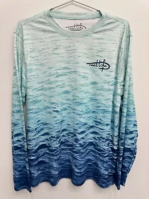 Reel Life Mens Large Sun Ray Defender Series Waves Long Sleeve Fishing Shirt • $19.50
