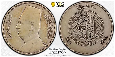 AH1348-1929-BP Egypt 20 Pst Silver Coin PCGS VF30 KM#352 • $175