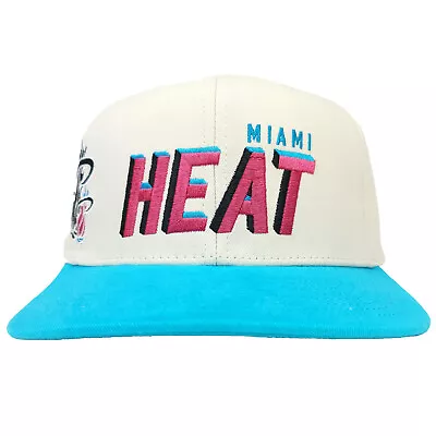 Mitchell & Ness Miami Heat Snapback Hat Word Logo Side Logos Cream Blue Cap New • $32.99