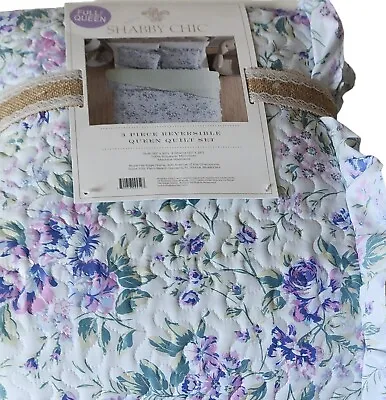 Shabby Chic Rachel Ashwell Violet/Blue Floral Cottage QUEEN Quilt & Sham Set • $98