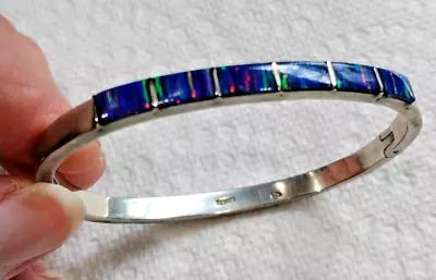 Vintage 925 Sterling Mexico Striped Boulder Opal Inlay Hinged Bracelet • $110