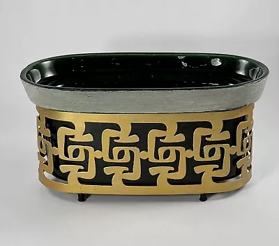 MCM 1952 103 Miramar Of California Pottery Planter Green W/Gold Metal Stand/9” L • $39