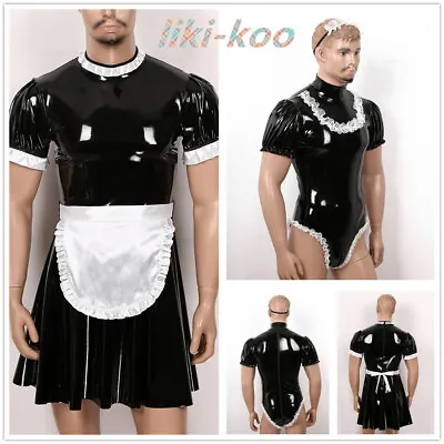 Men Waiter Uniform Patent Leather Maid Servant Cosplay Party Fancy Dress Costume • £23.58