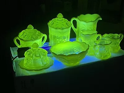 Uranium Vaseline Glass 8pc. Cherry And Cable Pattern Kitchen Set • $375