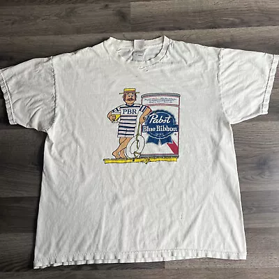 VTG Pabst Blue Ribbon T Shirt Fits Large Cool Blue Mascot Thrashed Beer 90s Y2K • $19.95