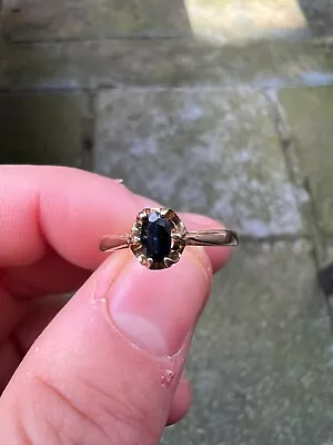 9ct Gold Blue Sapphire Solitaire Ring Size N - Solid 9k Gold • £93.50