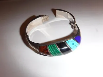 Taxco Mexico Silver Domed Hinged Bangle Multi-Gemstone Signed Mexico TD-27 • $87.50