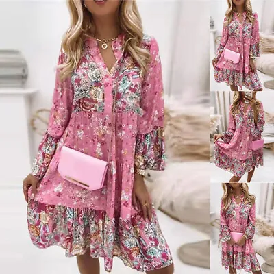 Womens V Neck Mini Dress Boho Floral Long Sleeve Casual Ruffle Swing Shirt Dress • £3.99