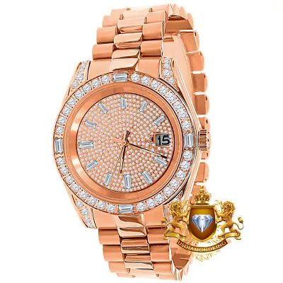 Solid Steel 18K Rose Gold Finish Baguette Simulated Diamond President Watch 40mm • £240.93