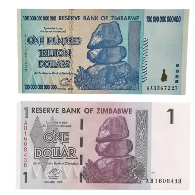 A Set Of 2 Pcs: Zimbabwe 100 Trillion And OneDollar Banknotes. Genuine UNC AA • £121.95