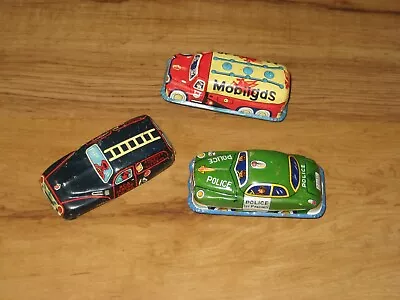 3 Vintage Tin Friction Toy Vehicles-PoliceMobilgas TruckRCA Service-Line Mar • $29.95