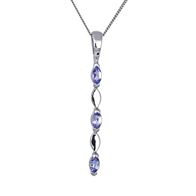 9ct White Gold Tanzanite Necklace Natural Blue Marquise Gemstones Handmade Boxed • £149.95