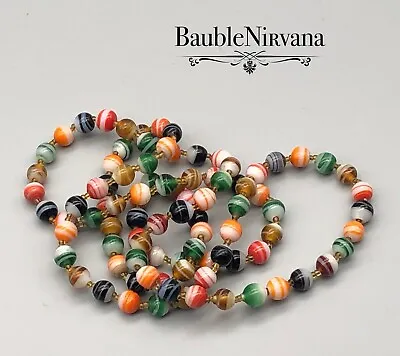 Vintage Venetian Murano Art Glass Striped Multi Color Round Beaded Necklace • $32.99