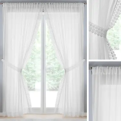 Sold In Pairs Macrame Lace Edge Crushed White Voile & Tieback Curtain Panels • £19.99