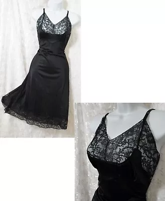 VTG Black Stretch Satin Nylon Exotic Lace Full Slip 38 M • $30