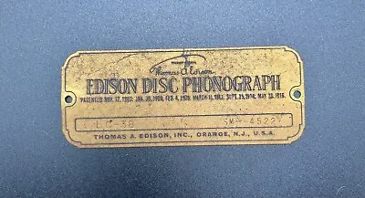 Original Edison Disc Phonograph Nameplate /ID Tag - Phonograph Parts • $26