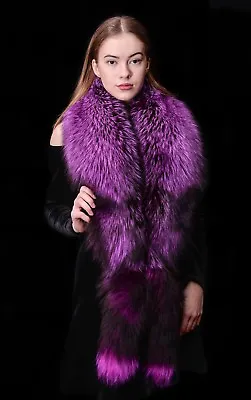 Saga Furs Fluorescent Purple Silver Fox Fur Handmade Wrap Scarf Stole + Tails • $295.79