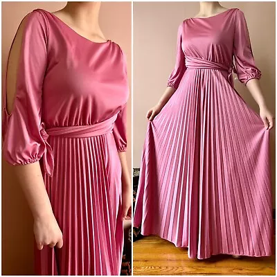 Vintage 70s Dress - Pink Pleated Split Sleeve Maxi - Disco Diva Princess Formal • $56