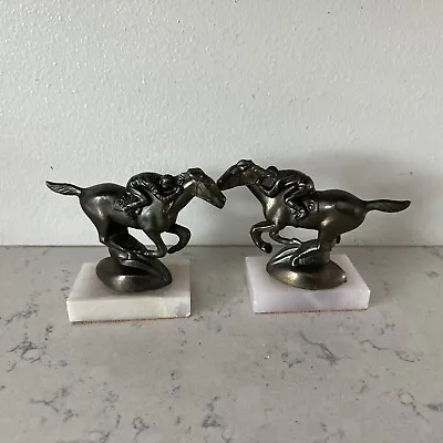 Vintage Copper/Bronze Racehorse Jockey #6 Metal Horse Figurines Marble Base Pair • $175