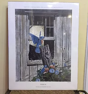 R. J. McDONALD  THE WINDOW  PRINT BLUE BIRDS & MORNING GLORIES DOUBLE SIGNED • $135