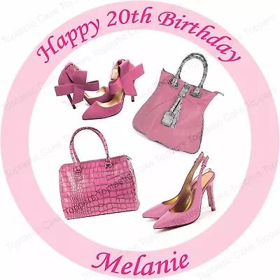 Personalised Pink Shoes & Handbags Edible Icing Birthday Party Cake Topper • £4.65