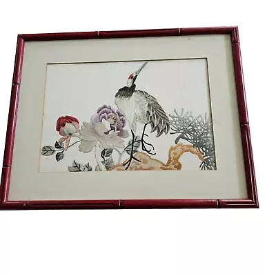 Artwork Crane Birds Chinese Silk Embroidered Flowers Framed Picture Handmade Vtg • $89