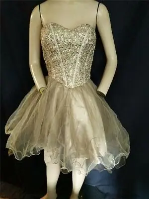 Gold Sequin Tule Ruffle Strapless Mini Masquerade Homecomingprom Dress 32  Bust • $24.99