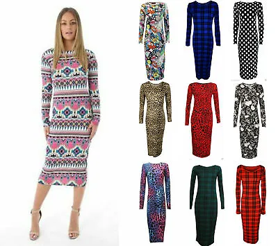 £2.99 • Buy Womens Ladies Long Sleeve Midi Dress Stretch Bodycon Print Jersey Maxi Plus Size