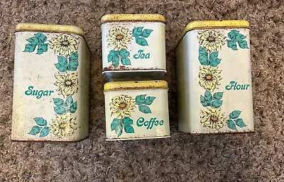 Sunflower 4 Piece Tin Canister Set Vintage MCM Cheinco Rustic Condition • $48