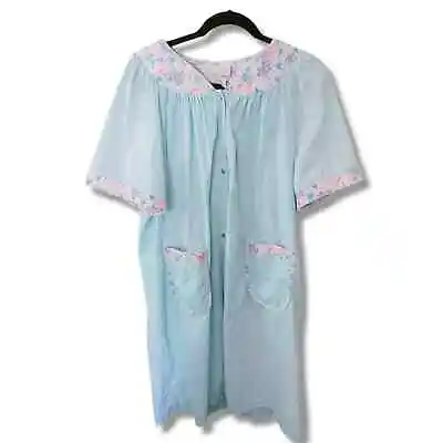 Vintage Blue Housecoat Cotton Robe Pearl Snap Pockets L Hospital Maternity Gown • £18.99