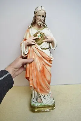 Vintage Plaster Statue Of Jesus  The Sacred Heart  + 25  (CU538) Church • $192