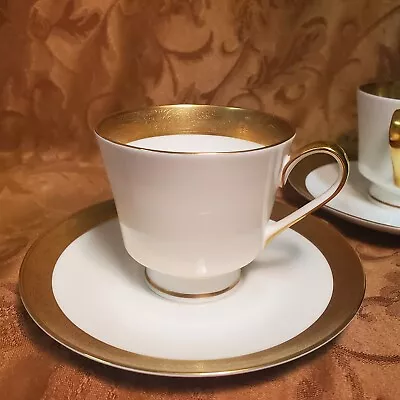 Mikasa Harrow - 2 Footed Cups & Saucers - Fine Bone China - Gold Encrusted Band • $18