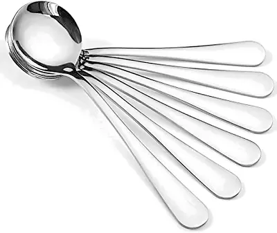 6 Pack Soup Spoons Round Stainless Steel Bouillon Spoon Table Serving Cooking • $8.49